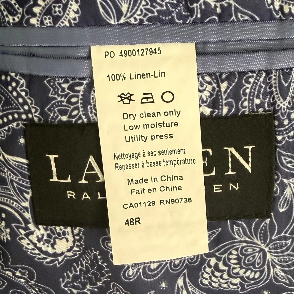 Lauren Ralph Lauren Blazer Jacket Mens 48R Blue 100% Linen 2-Button Sport Coat